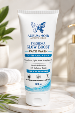 Aurum Noir Freshora Glow Boost Face Wash with AHA + BHA | Aloe Vera, Niacinamide & Vitamin E | Gentle Exfoliation with Cellulose Beads | For Acne-Prone Skin | 100 ml